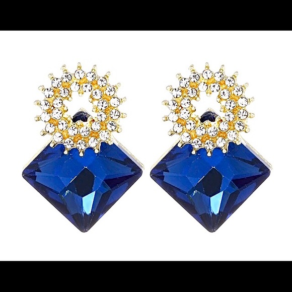 Blue Glass Gem Rhombus White Rhinestone Circle Stud Statement Earrings Christmas - Picture 1 of 3
